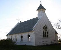 Primary elevations, from the northeast, of St. John the Divine Anglican Church, Wawanesa, 2005; Historic Resources Branch, Manitoba Culture, Heritage and Tourism, 2005