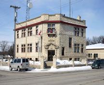 View of main elevations from the southwest corner of the Stonewall Town Hall, Stonewall 2005; Historic Resources Branch, Manitoba Culture, Heritage & Tourism, 2005