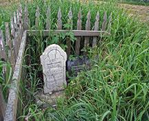 Vue (détail) - du sud de la tombe de Betsey Ramsay, région de Riverton, 2006, la démonstration du gravemarker pour Betsey Ramsey sur la gauche et pour John Ramsey sur la droite; Historic Resources Branch, Manitoba Culture, Heritage and Tourism, 2006