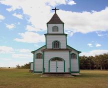 Primary elevation, from the north, of Sts. Cyril and Methodius Roman Catholic Church, Gimli area, 2006; Historic Resources Branch, Manitoba Culture, Heritage and Tourism, 2006