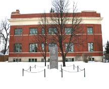 View of east elevation and the commemorative stone tablet at the Memorial Hall, Carman 2005; Historic Resources Branch, Manitoba Culture, Heritage, Tourism and Sport, 2005