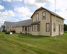 View, from the northwest, of the Strathclair Museum (consisting of the M and NW Railway Station and St. George's Anglican Church), Strathclair, 2005; Historic Resources Branch, Manitoba Culture, Heritage, Tourism and Sport, 2005