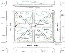 Plan featuring the Union Jack layout, and bordering streets, 2005.; Department of Planning, City of Brantford, 2005.