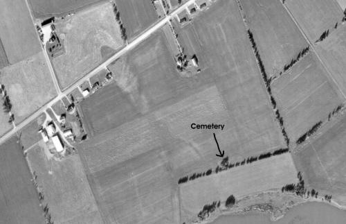 Aerial view shows cemetery located amid trees