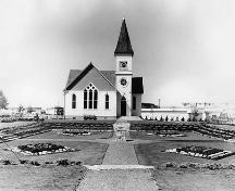 View of Pierrefonds Gardens in Minoru Park with Minoru Chapel in the centre of the photograph, 1977; Richmond Archives 1978 27 18