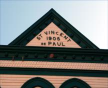 Gable parapet with name and date of the building; City of Saint John, 2008