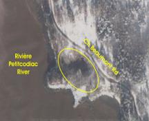 Map showing the site of the Beaumont Quarry on the east bank of the Petitcodiac River; Google Maps and the Memramcook Valley Historical Society