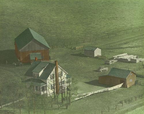 Colourized aerial photograph of the farm