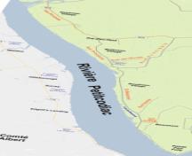 Cette carte illustre le cours inférieur de la rivière Petitcodiac de la Pointe Folly, à l'embouchure, jusqu'au nord de Gautreau Village ; Memramcook Valley Historical Society