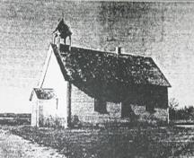 Archival view of the Crane River Reserve Catholic Church Site, O-Chi-Chak-Ko-Sipi First Nation Reserve, ca. 1940; Historic Resources Branch, Manitoba Culture, Heritage and Tourism, 2010
