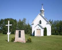 Primary elevations, from the southeast, of Lakedale Holy Ghost Ukrainian Catholic Church, Angusville area, 2009; Historic Resources Branch, Manitoba Culture, Heritage and Tourism, 2009