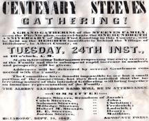 Une invitation à tous les Steeves à une fête célébrant le centenaire de l'arrivée de la famille Steeves. Elle s'est tenue sur la pelouse de la maison Christian Steeves le 24 septembre, 1867.; Village of Hillsborough, from William Henry Steeves House archives