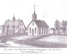 Engraving of an earlier church on the site; Meacham's Illustrated Historical Atlas of PEI, 1880