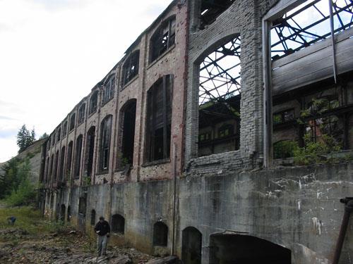 Oblique view of front facade of Anyox Powerhouse No. 1, 2008