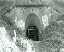 Side view of Lower Battery, showing the west entrance, 1993.; Heritage Recording Services Section, 1993. / Section des services des relevés des richesses du patrimoine, 1993.