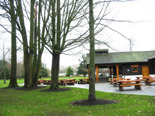 patio, tables and landscaping