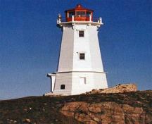 Side view of the Louisboug Lighttower showing its pedimented windows.; Lighthouses and Lights of Nova Scotia,  R. Erwin, n.d.