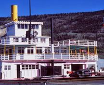 Detail view of the S.S. Keno showing  the quality of its construction and its components, in particular its structural framing, mechanical systems and its well-executed carved planking, 2000.; Parks Canada Agency / Agence Parcs Canada, J.F. Bergeron, 2000.
