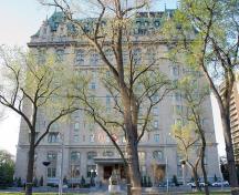General view of Fort Garry Hotel, showing formal entrance with stone stairs, brass railings, and a copper-detailed canopy, 2007.; Fort Garry Hotel, Omega Man, 2007.