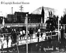 View looking east of Rossland Pool, c. 1935. Rossland Museum Photo #21-551.; Rossland Museum Photo #21-551.