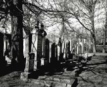 General view of the Beth Israel cemetery, showing the spatial organization of the gravestones in straight and closely spaced rows, 1991.; Agence Parcs Canada / Parks Canada Agency, 1991.