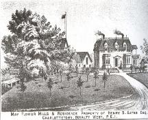 Engraving showing the house on the right and former mill buildings on the left; Meacham's Illustrated Historical Atlas of PEI, 1880