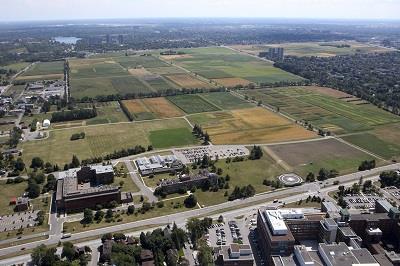 Vue aérienne du centre de recherche et des champs