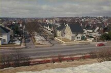 Overhead shot of a part of the Hydrostone District National Historic site of Canada, 1990.; Parks Canada Agency/ Agence Parcs Canada, 1990.